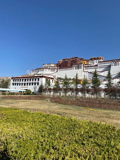 Upside-down view of a large building with surrounding greenery.