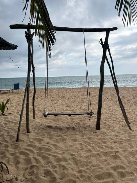 Beach scene with a wooden swing.
