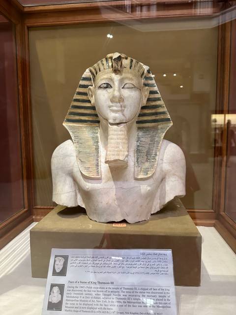 Bust of an Egyptian Pharaoh in a glass display.