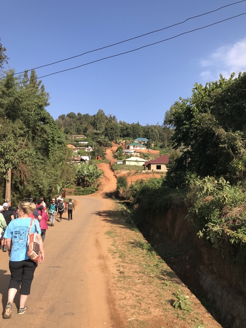 Tourists walking along a rural road with houses in the background.