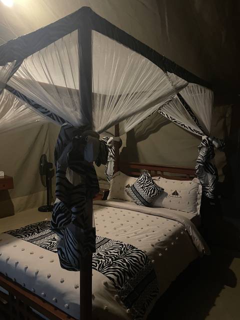       Interior of a tent with a bed and lighting.
  