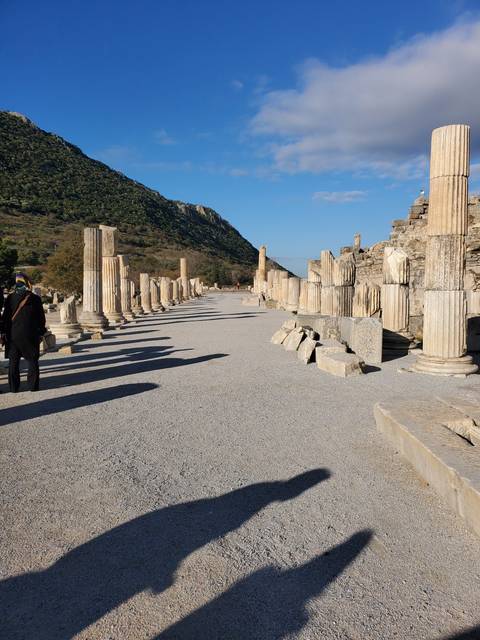       Ancient columns casting long shadows on the ground.
  