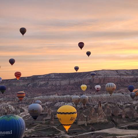       Hot air balloons in the sky over a rocky landscape at sunrise.
  