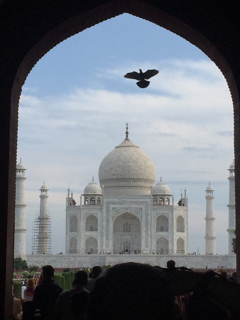       The Taj Mahal framed by an archway with a partly cloudy sky.
  