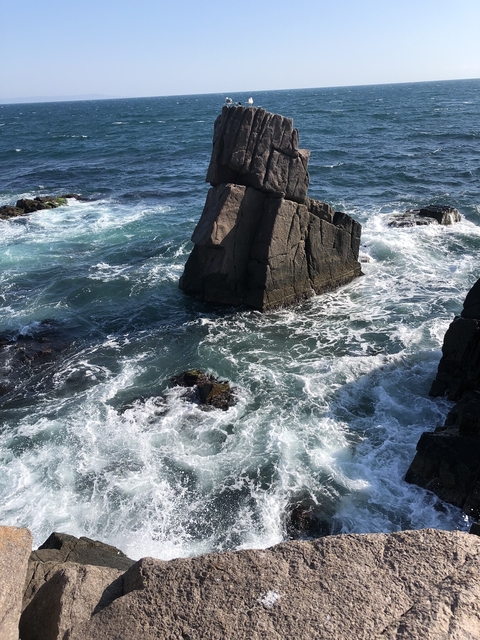       Waves crashing against rocks at the seaside.
  