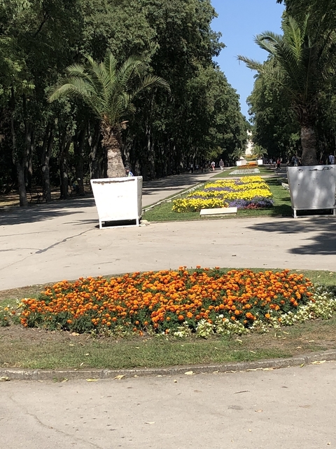       Flower-lined pathway in a park with some people walking.
  