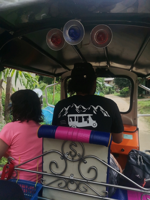 View from the back seat of a tuk-tuk with people in it.