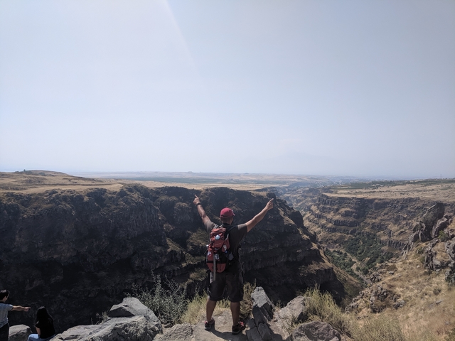       Person standing with arms raised on a cliff edge overlooking a valley.
  