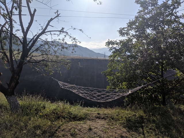       Hammock tied between trees with a view of a mountainous landscape.
  