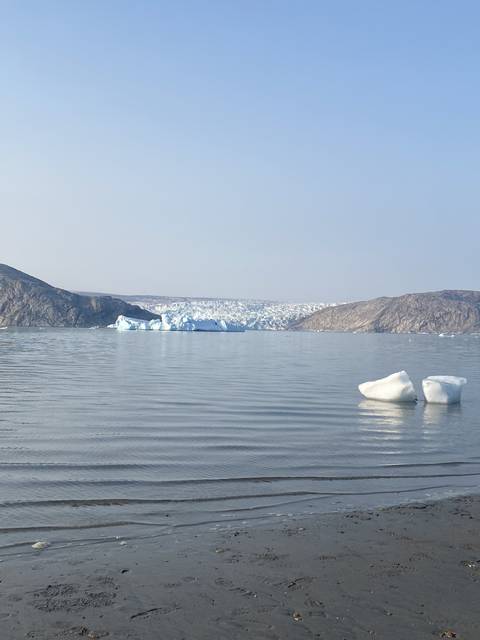       Beach with ice formations and mountains in the distance.
  