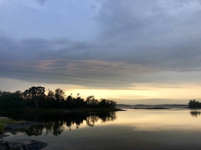 Calm body of water with cloudy sky and trees