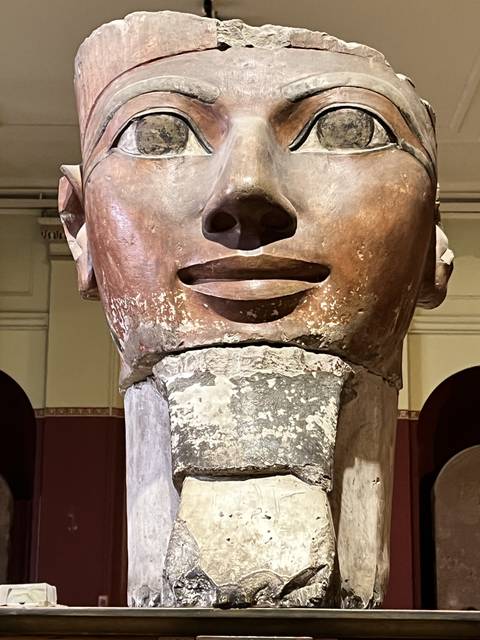 An ancient statue head on display in a museum.