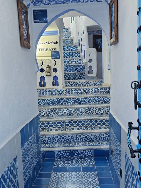       Beautifully decorated blue tiled stairs and walls.
  