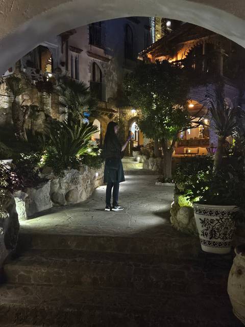       Person standing in a dimly lit courtyard surrounded by plants.
  