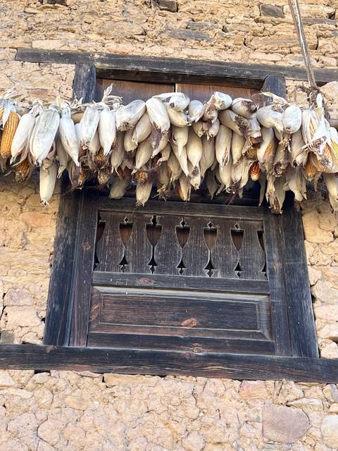       Dried corncobs hanging outside a wooden window.
  