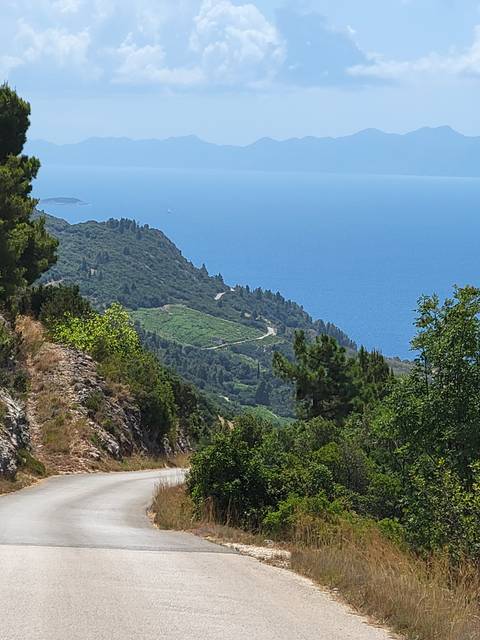 A road winding through hills near the sea.