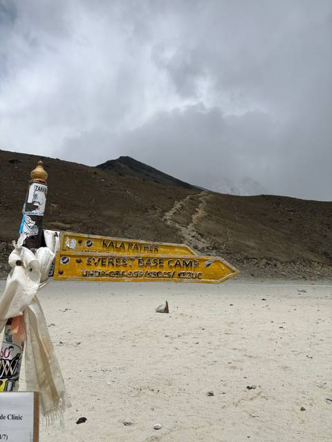 Everest Base Camp sign with a view of mountains and sky.