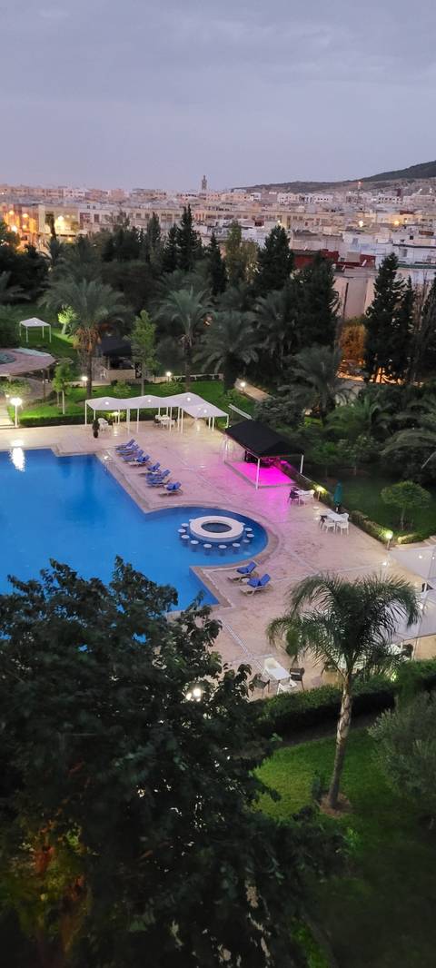 Aerial view of a swimming pool surrounded by greenery and cityscape.