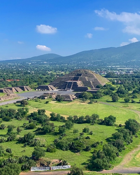 Aerial view of ancient pyramid structures.