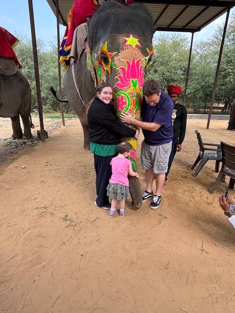       Family interacting with a painted elephant.
  