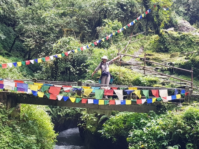       A person standing on a bridge adorned with prayer flags in a lush green setting.
  