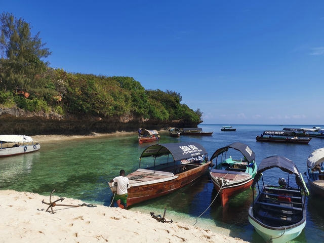       Colorful boats docked in a crystal-clear cove.
  