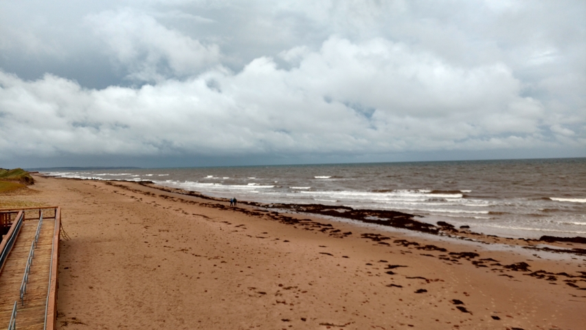       Deserted beach with cloudy skies.
  