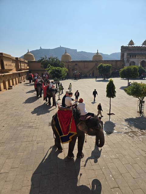 Elephants with riders at a fort courtyard.
