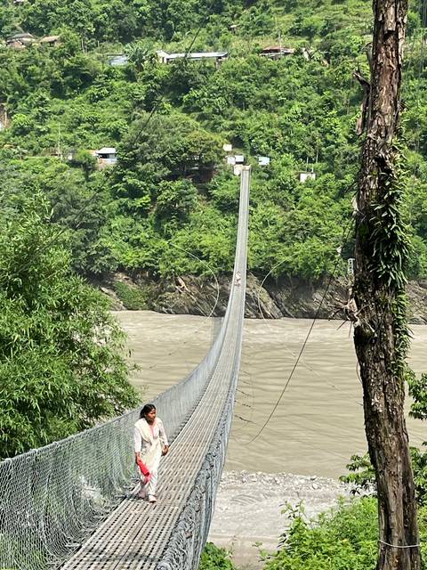       Suspension bridge over a river in a lush landscape.
  