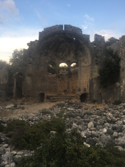       Blurred ruins under an overcast sky.
  