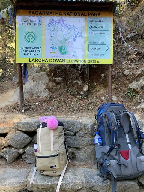 Backpacks next to a map sign.