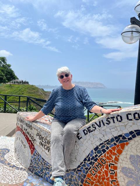 Person sitting on a mosaic bench with ocean view