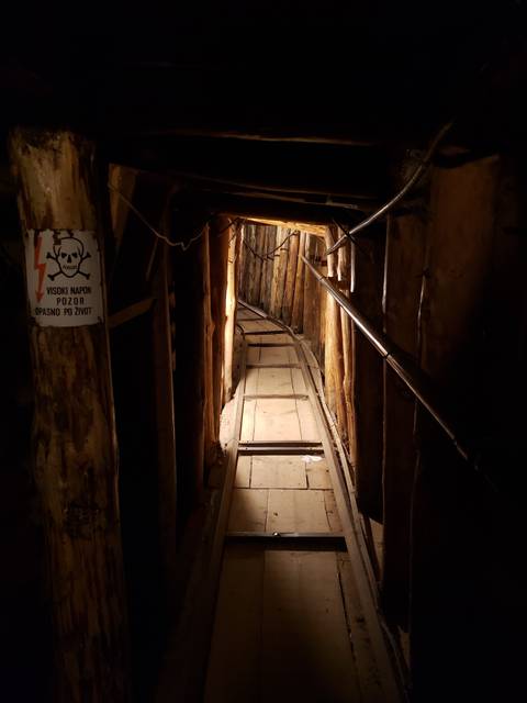 Dimly lit wooden interior passageway.