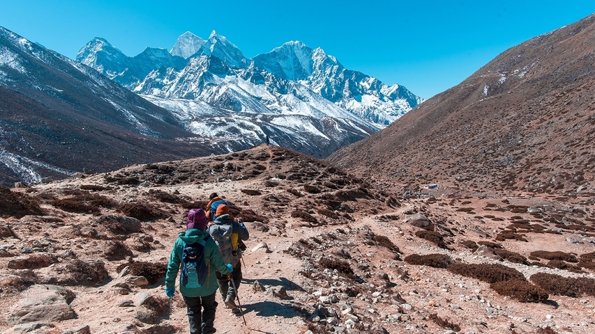 Group of hikers walking on a trail with snow-capped mountains in the background.