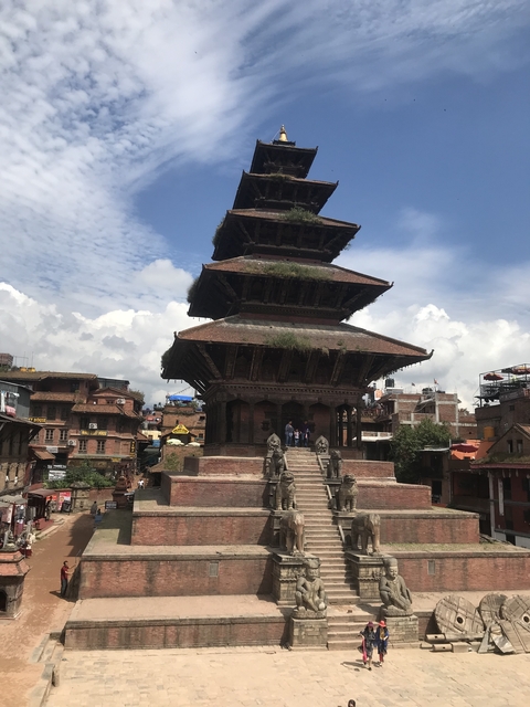 Traditional temple with intricate architecture in a bustling city.