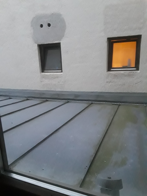 View of building roof and windows.