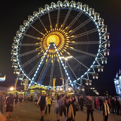 Illuminated Ferris wheel at night.