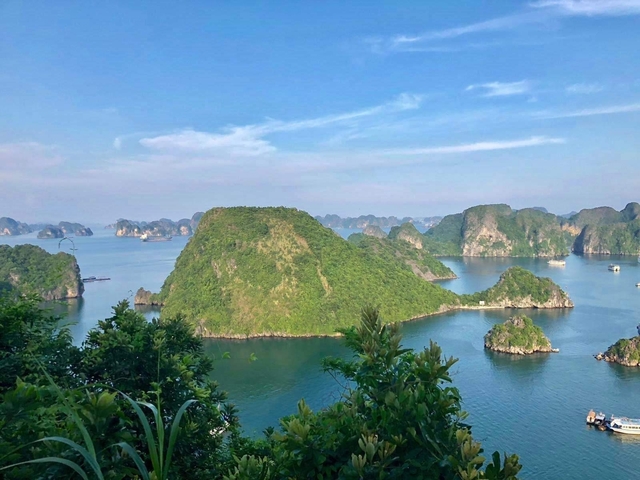 View of lush green islands and water of Halong Bay.