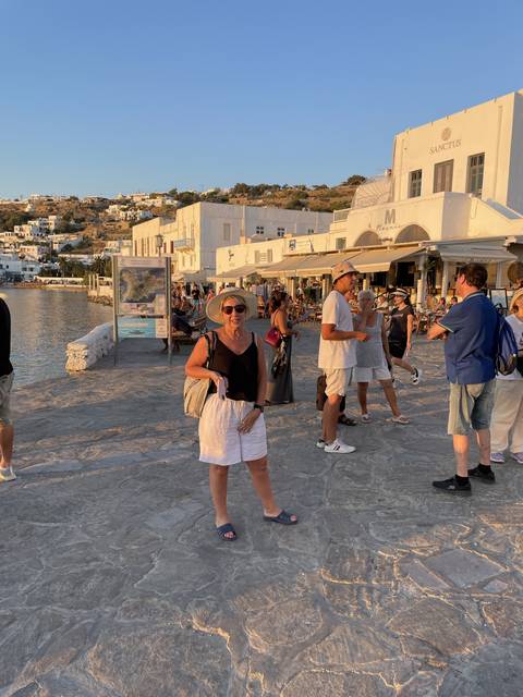 Street scene with tourists and historic buildings.
