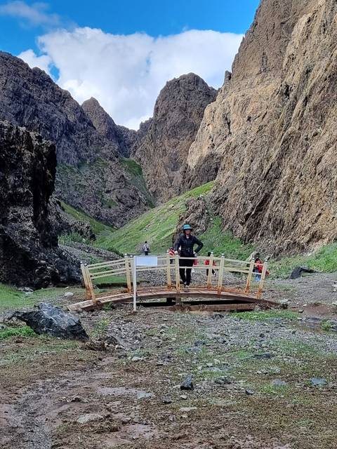Person standing on a bridge over a rocky landscape.