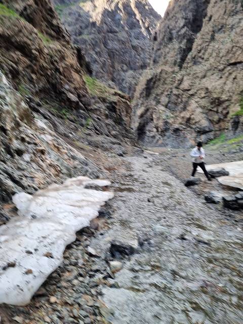 Person climbing a rocky slope, slightly blurry.