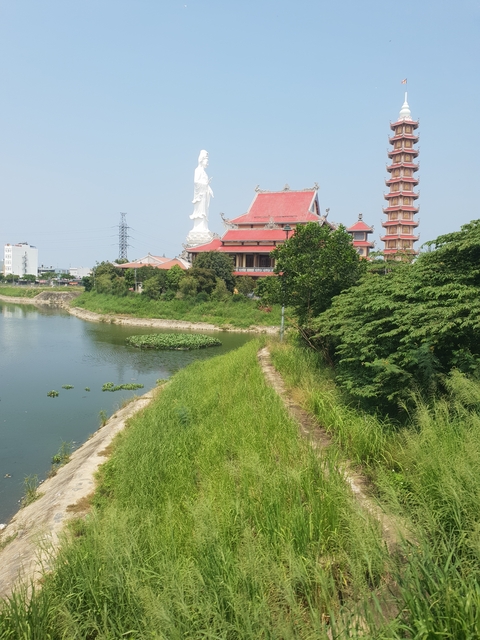 Pagoda by the river with lush greenery.