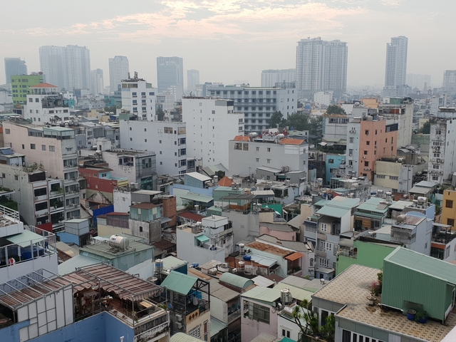 City skyline with densely packed buildings.