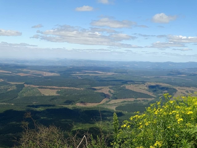 Wide view of a vast landscape with fields and mountains.