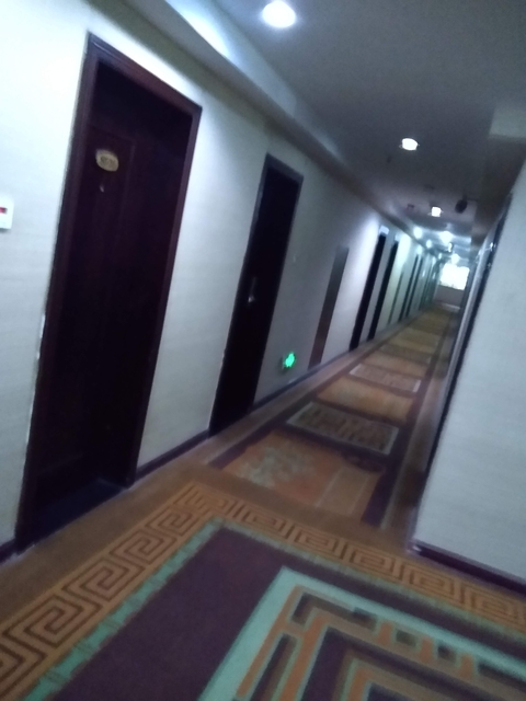 A blurry hotel hallway.