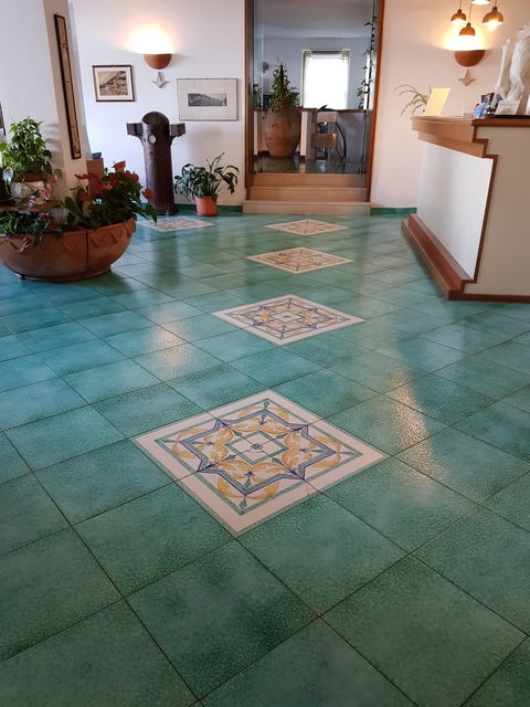      Colorful patterned floor tiles.
  