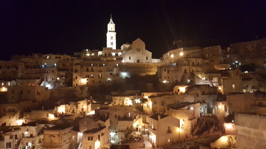 Illuminated village at night.