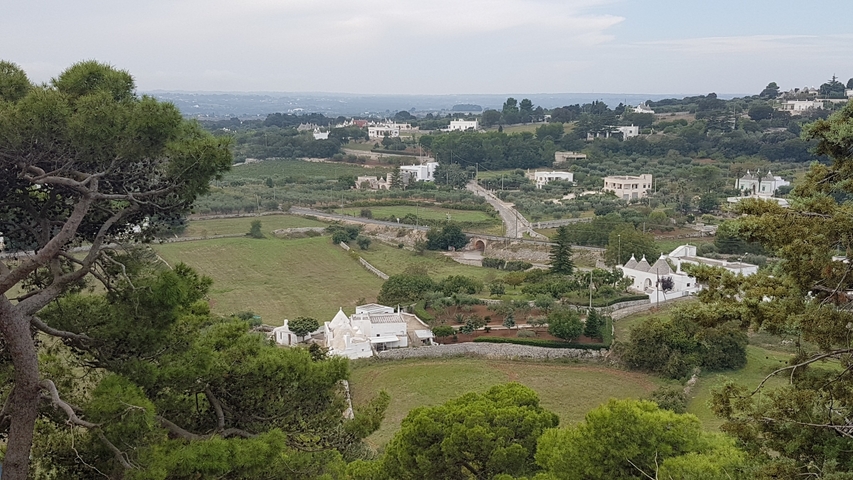 Scenic view of countryside with fields and houses.