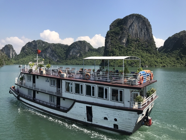       Tour boat cruising in Halong Bay framed by rocky hills.
  