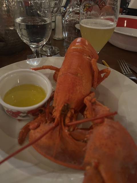 Cooked lobster with butter sauce on a plate.